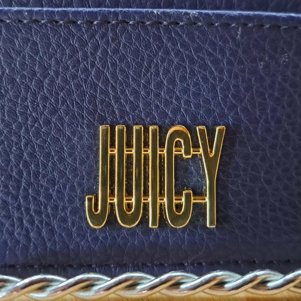 Juicy Couture Card Holder Wallet Keychain Navy Blue Zip Coin Pouch ID Case